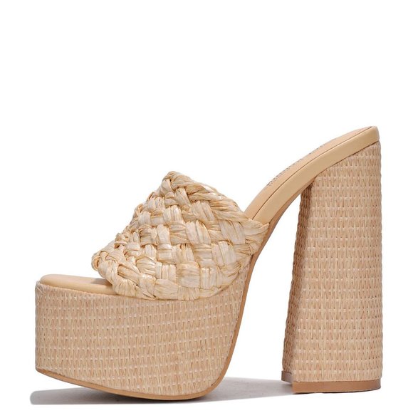 NEW🔥 Natural Raffia Open Toe Chunky Platform Sky High Heel Sandal Mules Slip-On - Picture 6 of 6